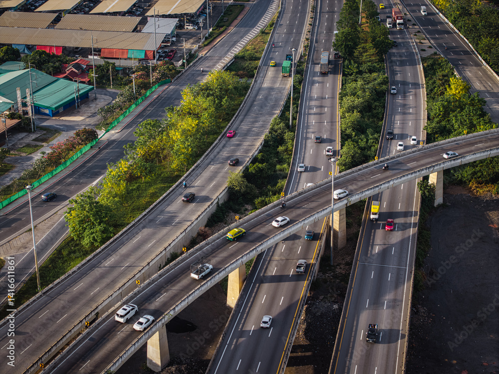Aerial view intersection transport cross road building with traffic vehicle