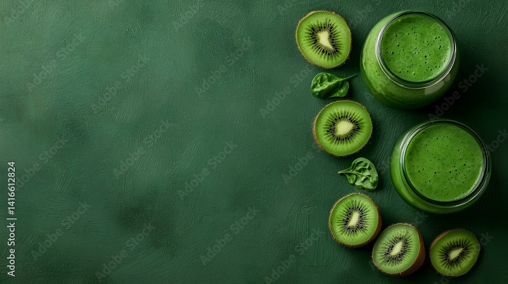 Green kiwi smoothie in glass jars on dark green background. Healthy food concept. Green kiwi smoothie in glass jars on dark green background. Healthy food concept.