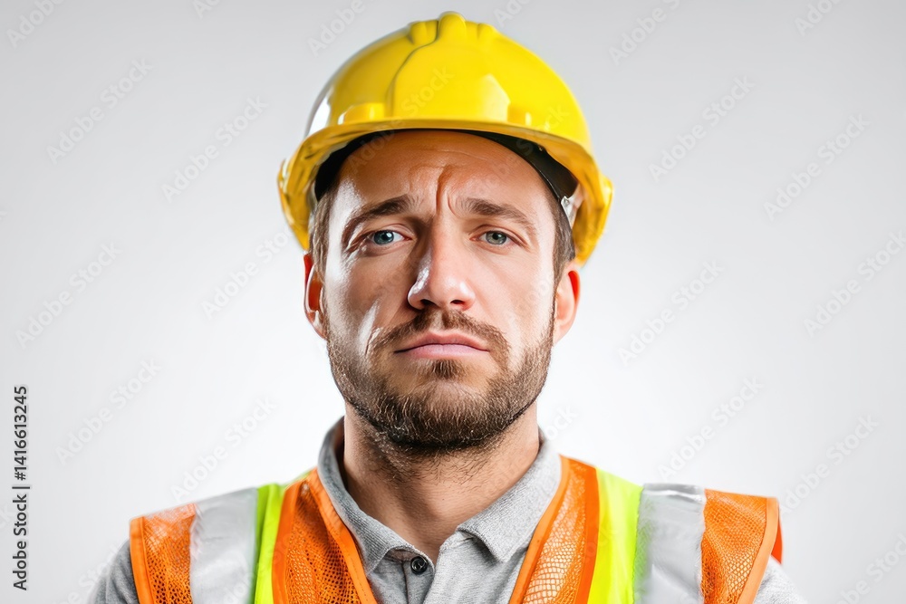 Close-up portrait of a construction worker with a serious expression. Close-up portrait of a construction worker with a serious expression.