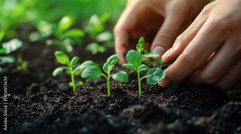 Hands gently placing young seedlings into rich soil Hands gently placing young seedlings into rich soil