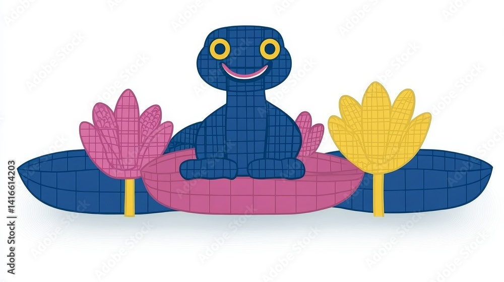 Obraz premium Pixelated sea creature with vibrant lotus flower accents, embodying childlike wonder and a playful representation of nature's whimsical beauty