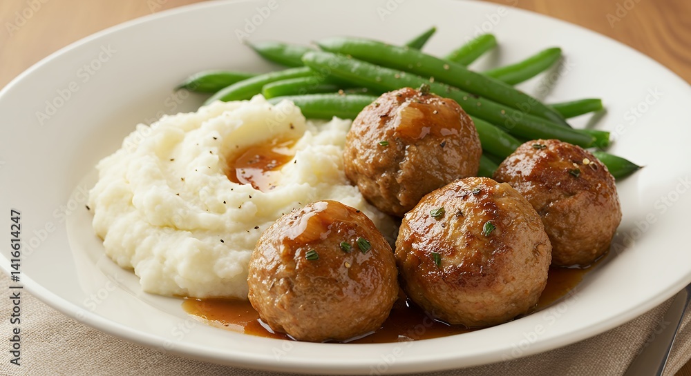 Delicious Meatballs with Mashed Potatoes and Green Beans Dinner Plate Delicious Meatballs with Mashed Potatoes and Green Beans Dinner Plate