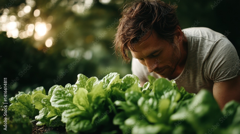 Obraz premium Man Harvesting Fresh Green Lettuce at Sunrise Farm