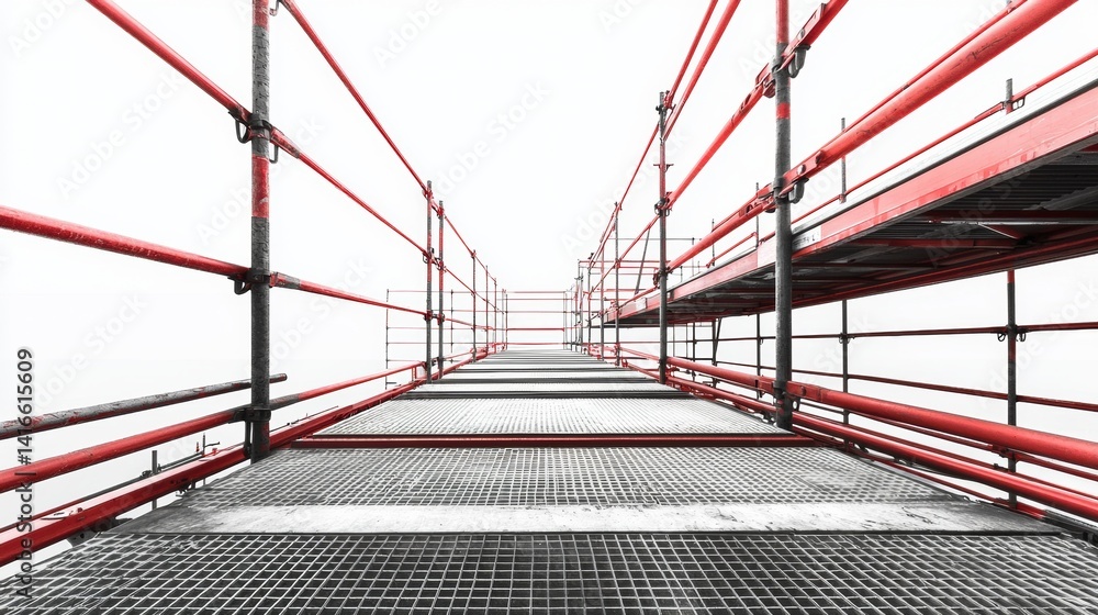 Fototapeta premium Scaffolding structure viewed from ground level with a minimalistic design and white background highlighting the construction site