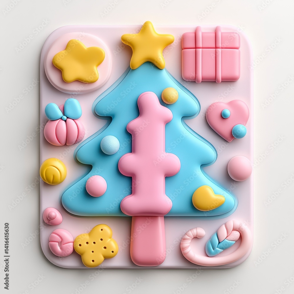 Pastel Christmas Tree 3D Render with Cute Holiday Icons Pastel Christmas Tree 3D Render with Cute Holiday Icons