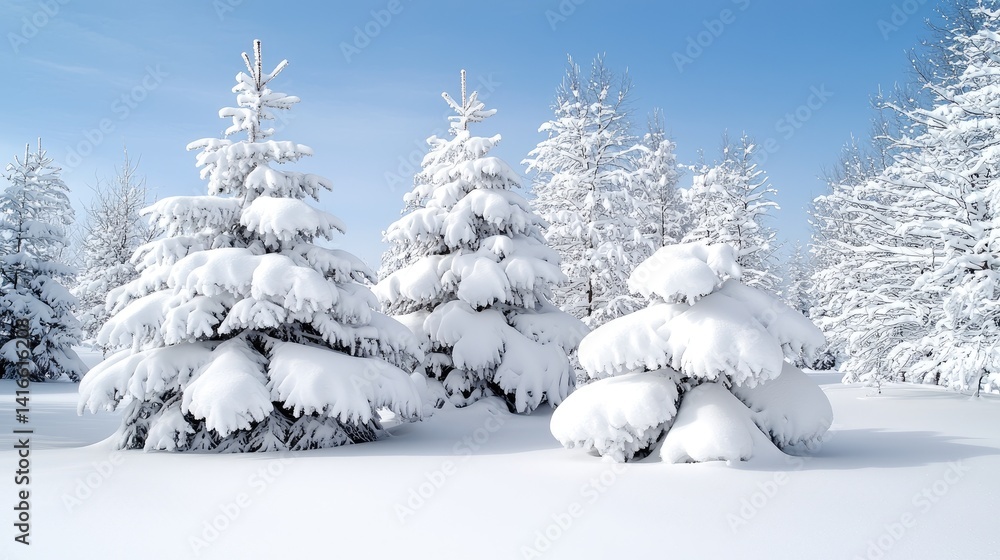 Fototapeta premium Winter wonderland scene with snow-covered trees. A pristine winter landscape, featuring several evergreen trees heavily laden with snow, set against a bright, clear blue sky. 