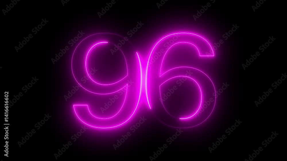 Neon number 96 on black background 4K animation. Neon dial number 96 glowing animation. 4K neon number ninety-six