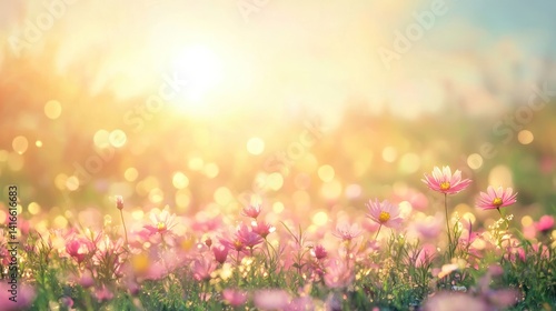 enchanting cosmos field bathed in ethereal sunlight creating a serene and dreamy atmosphere filled with bokeh and soft pink hues evoking feelings of tranquility and natural beauty