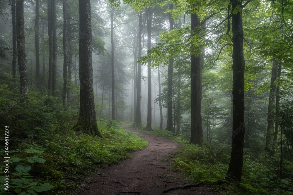Foggy path amidst tall trees in a serene, lush forest