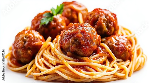 Isolated on white, classic American spaghetti and meatballs with rustic tomato sauce in vibrant color tones, photorealistic style