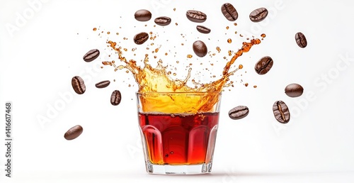 Coffee beans splashing into a glass of dark coffee (1)