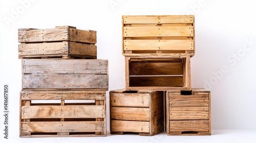 Wooden crates stacked in various positions showcasing rustic design and texture in a minimalistic setting