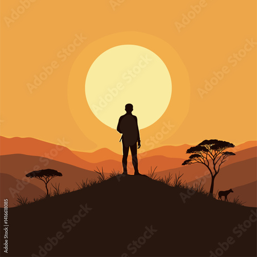 Witnessing Heritage: African Silhouette Vector Art. Person Gazing Over Sunlit Savannah Landscape. A Celebration of African World Heritage Day and Cultural Preservation. Gradient Sky, Dark Figure.