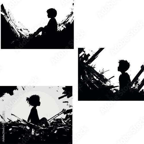 Children in Ruins Silhouette Art Depicting Despair