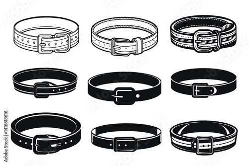 Collection of Nine Different Style Belts with Buckles in Black and White