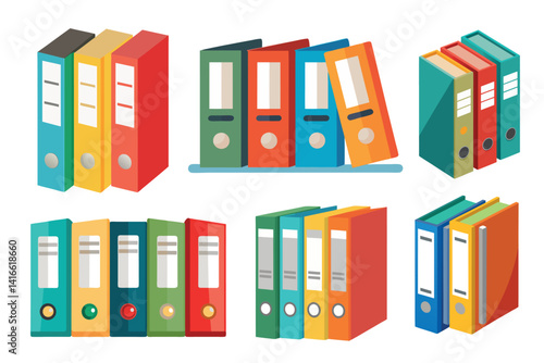 Colorful ring binders arranged in various orientations, styles, and groupings on white background