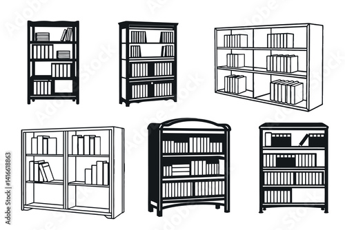 Vector set of various styles of bookcases filled with many books inside