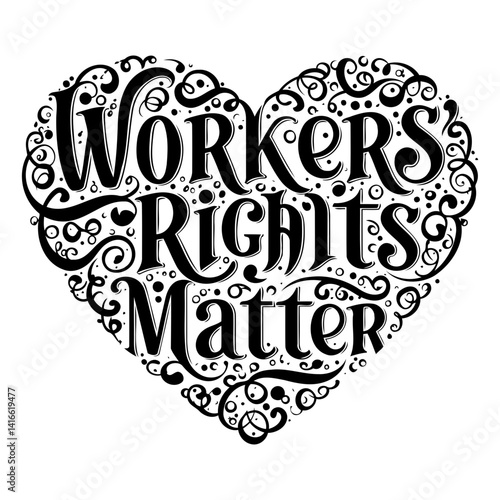 Heart-shaped typography design, featuring "Workers Rights Matter" in ornate, decorative script.  Suitable for social media, activism, or advocacy campaigns.