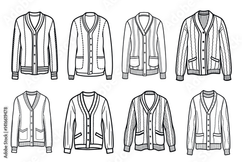 A collection of eight different black and white cardigan sweater designs