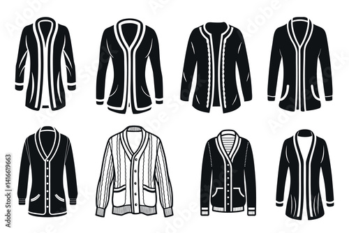 Collection of cardigan sweaters in monochrome vector style for fashion design