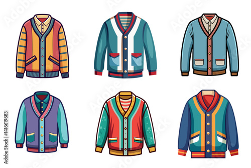 Collection of Cartoon Cardigan Sweaters with Various Colors and Patterns on White Background
