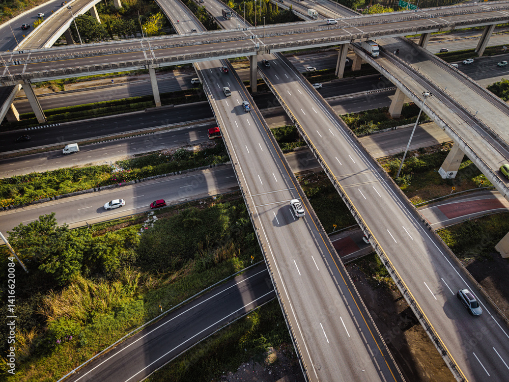 Aerial view intersection transport cross road building with traffic vehicle