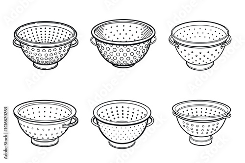 Variety of Colanders in Black and White Detailed Illustration on White Background