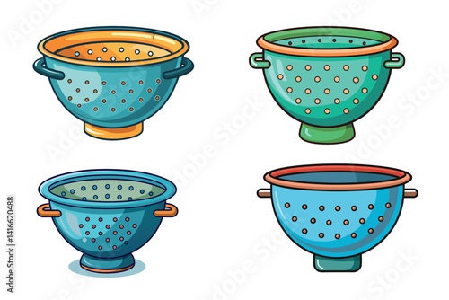 Four Colorful Cartoon Colanders with Handles and Round Perforations in a Kitchen Setting