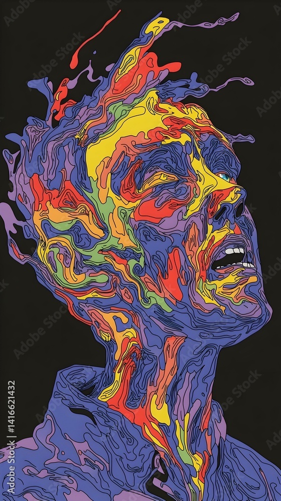Naklejka premium Abstract colorful portrait of a person's face and torso, with swirling, vibrant lines and shapes creating a dynamic, expressive effect against a dark background.