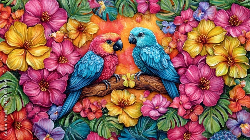 Obraz premium Exotic Parrots Amidst Vibrant Floral Bloom A Tropical Paradise of Colorful Birds and Lush Flowers a Whimsical Illustration of Nature's Beauty