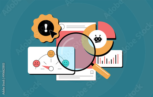 Fake follower checker tool for detecting fraudulent engagement in influencer marketing. Social media audit to avoid fake collaborations and bot activity. Vector illustration and icons