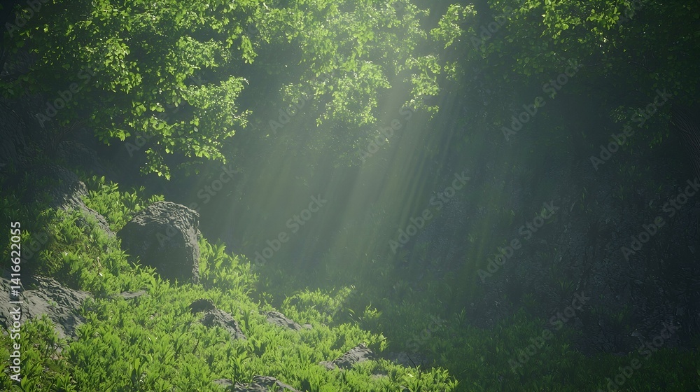 Fototapeta premium Sunbeams filtering through lush green forest canopy illuminating mossy rocks and ground vegetation. Serene, mystical, enchanting forest scene.