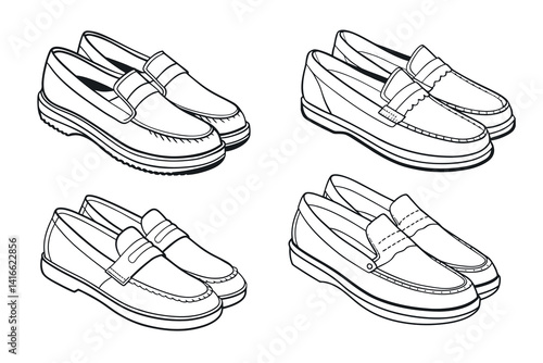 Four Pairs of Loafers Line Art Illustration of Classic Footwear Designs