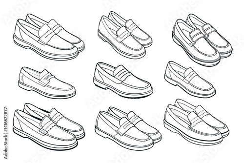 Variety of Penny Loafer Shoe Styles in Black and White Line Art