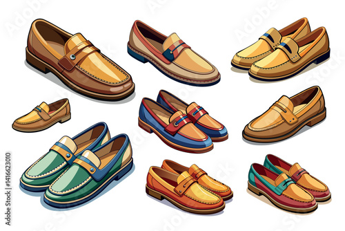 Collection of colorful leather loafers in various styles and color combinations