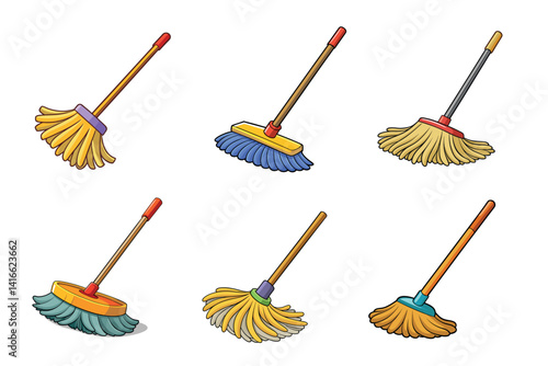 Collection of Cartoon Mop Illustrations with Varied Bristle and Handle Colors
