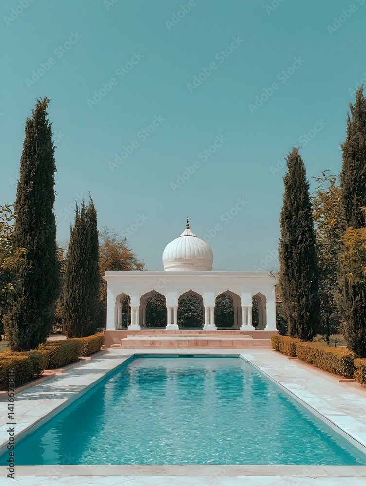 Naklejka premium Serene turquoise pool with a white gazebo and manicured hedges under a clear blue sky. Ideal for relaxation and tranquility.