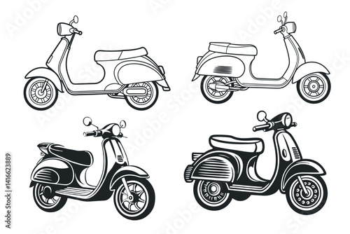 Collection of vintage scooters in vector format, black and white line art