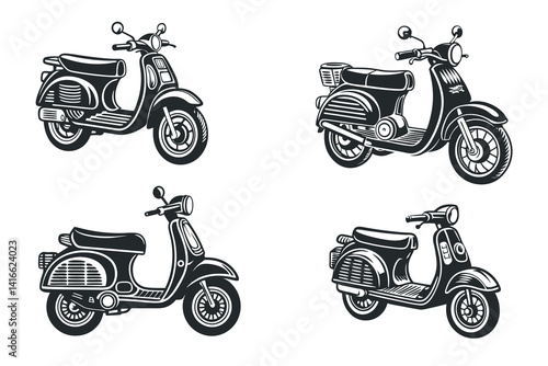 Monochrome Vector Illustration Featuring Four Different Designs of Classic Scooters