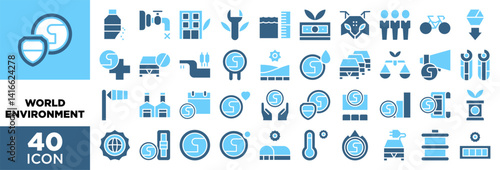 WORLD ENVIRONMENT icon set with various styles and colors Microplastics, Scarcity , Office , Restoration , Sea level, Money, Endangered, Overpopulation, Bycicle, Natural resources,