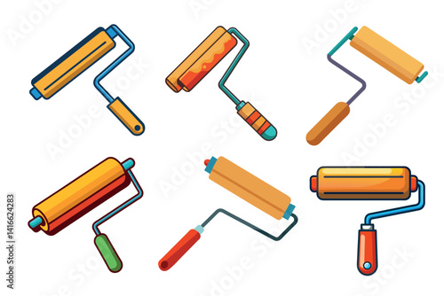 Various paint rollers in different styles and colors on a white background