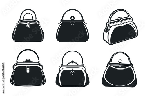 Collection of Fashionable Handbags in Black and White Vector Illustration Set