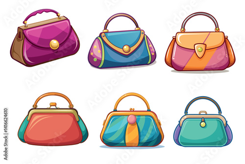 Illustration of six fashionable handbags with vibrant colors and distinct designs