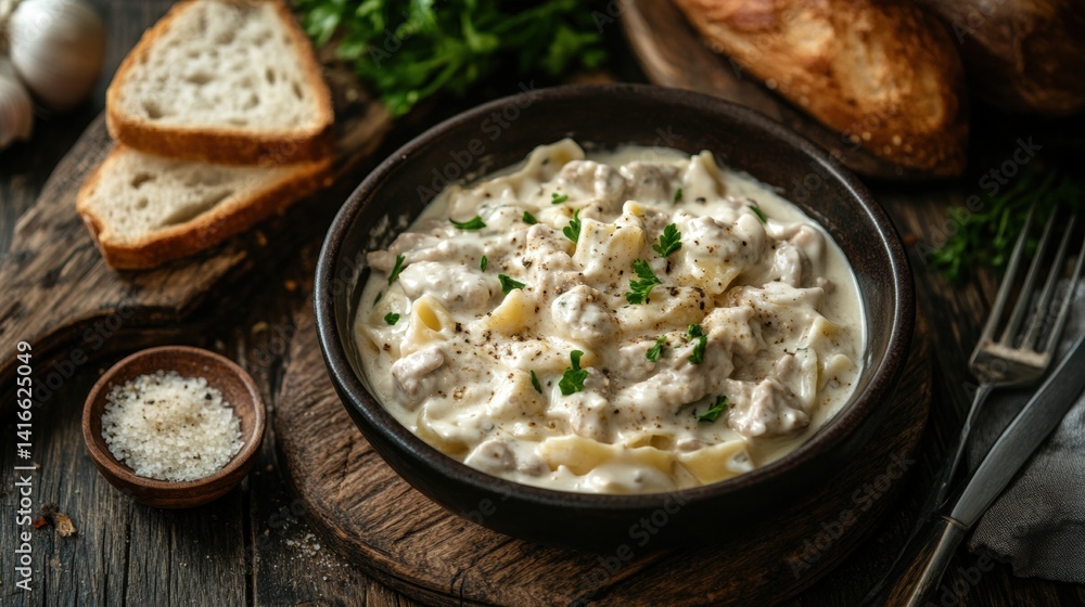 Creamy mushroom soup dish with bread and vegetables Creamy mushroom soup dish with bread and vegetables