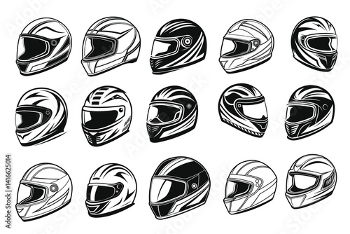 Monochrome collection of various racing helmets in a vectorized line art style