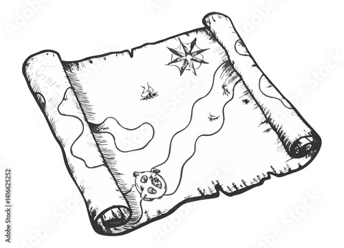 Hand-drawn old map sketch illustration with fine lines and intricate details. Vintage-style etching, perfect for prints, decor, and adventure-themed designs.