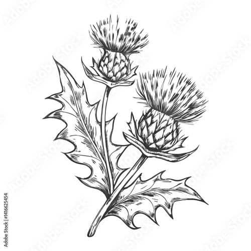 Hand-drawn sketch of milk thistle in intricate line art. Perfect for botanical illustrations, herbal products, wellness packaging, labels, and nature-themed designs. Generative AI