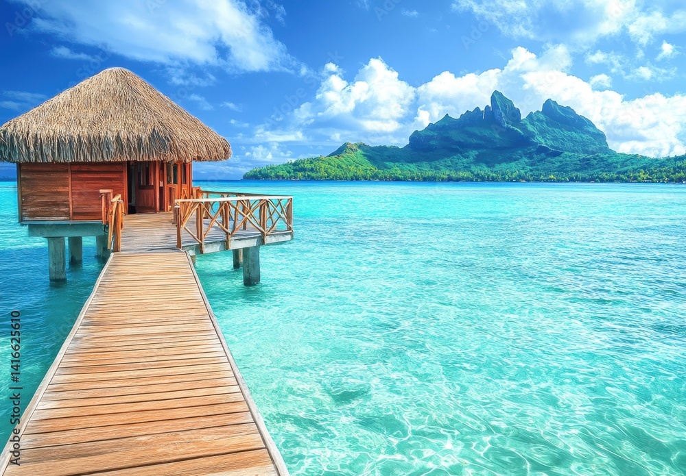 Idyllic Overwater Bungalow at Tropical Resort in Crystal Clear Lagoon with Lush Green Mountains and Blue Sky for a Perfect Getaway Experience Idyllic Overwater Bungalow at Tropical Resort in Crystal Clear Lagoon with Lush Green Mountains and Blue Sky for a Perfect Getaway Experience