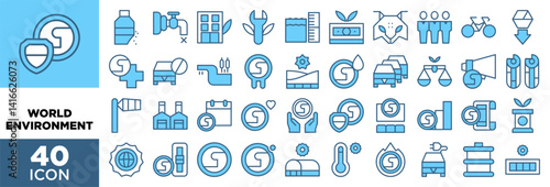 WORLD ENVIRONMENT icon set with various styles and colors Microplastics, Scarcity , Office , Restoration , Sea level, Money, Endangered, Overpopulation, Bycicle, Natural resources,