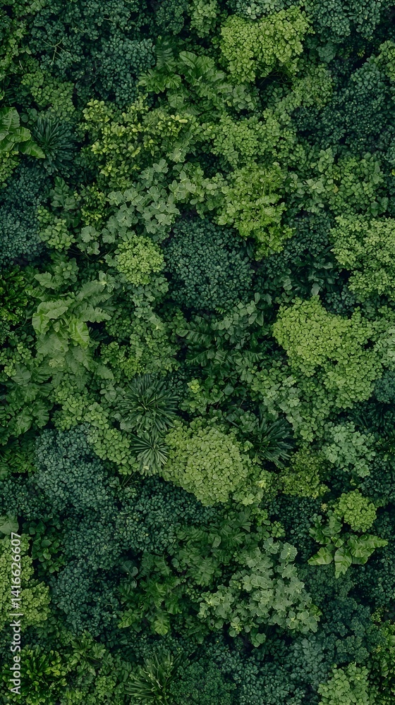 Naklejka premium Lush green foliage wall, various plants, textured background, natural backdrop, botanical pattern.